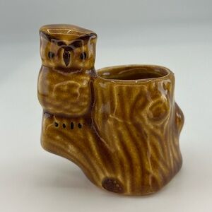Vintage Ceramic Owl & Tree Stump Toothpick Holder Mid Century Modern Japan